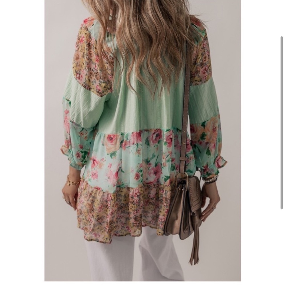 Flowy Sage Floral Print Patchwork Frilled Split Neck Blouse - Picture 4 of 5